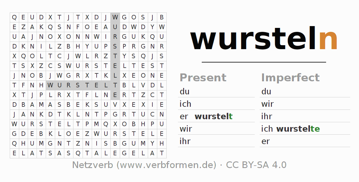 Word search puzzle for conjugation of German verb wursteln