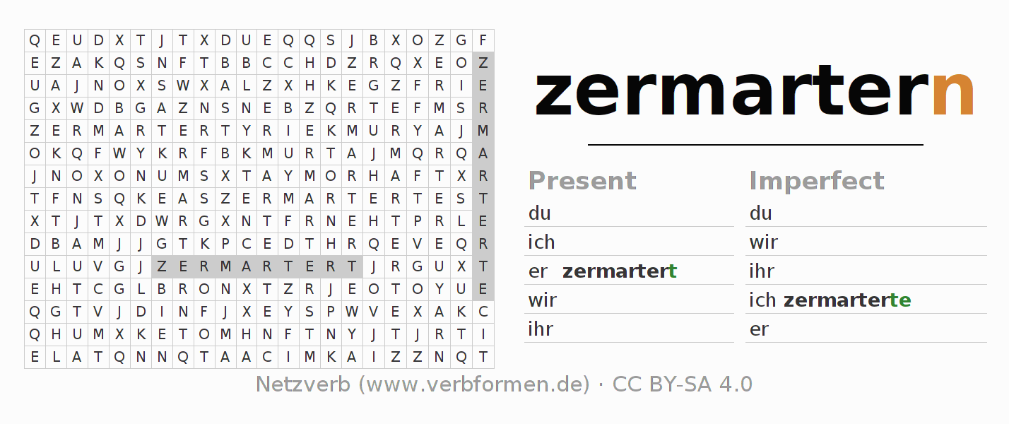 Word search puzzle for conjugation of German verb zermartern