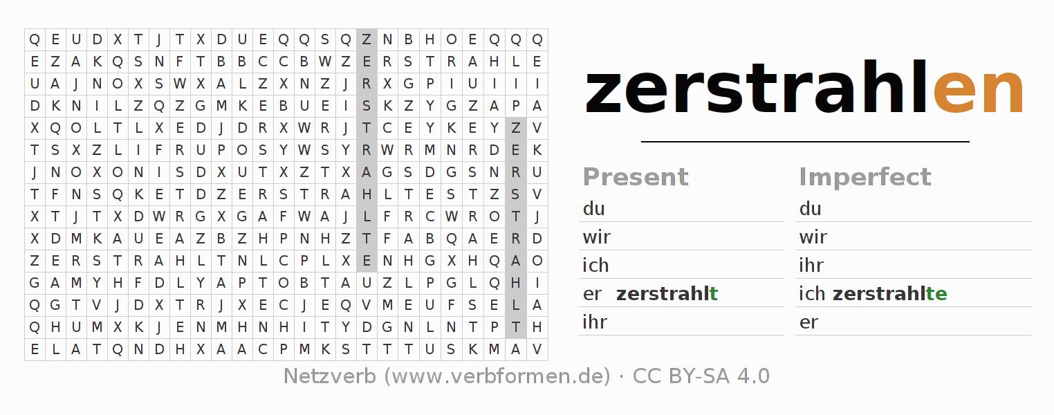 Word search puzzle for conjugation of German verb zerstrahlen (ist)
