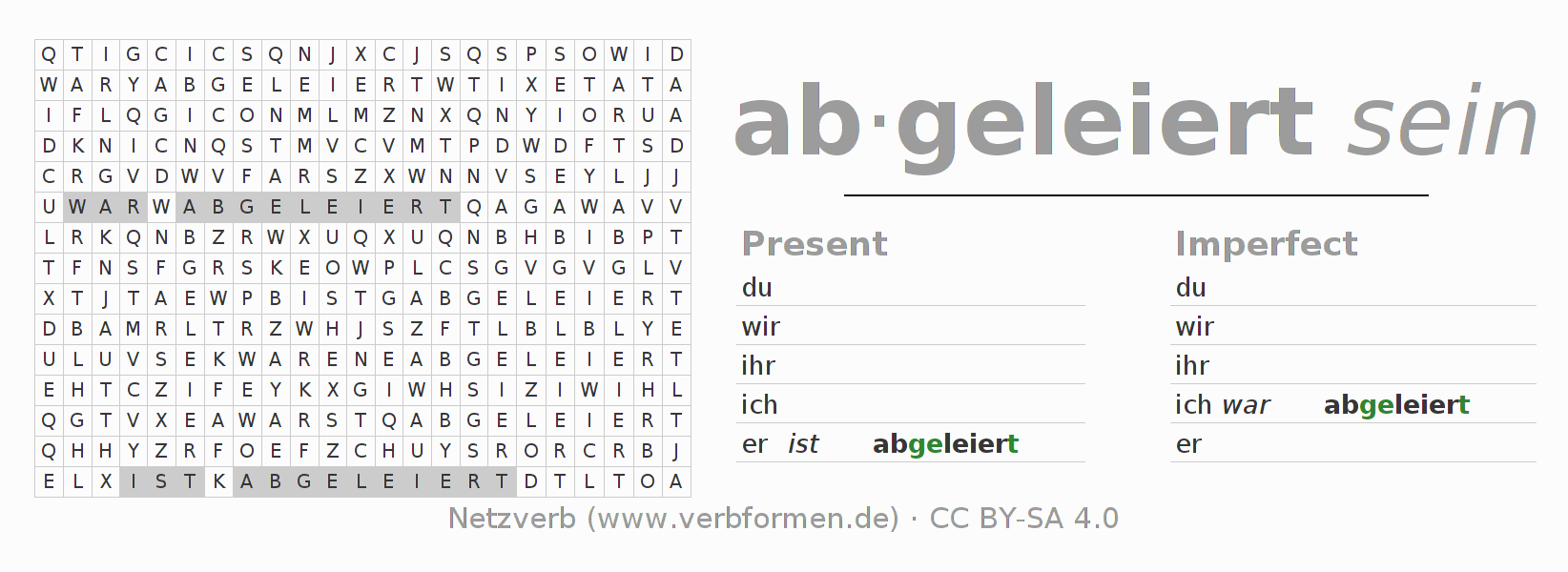 Word search puzzle for conjugation of German verb ableiern