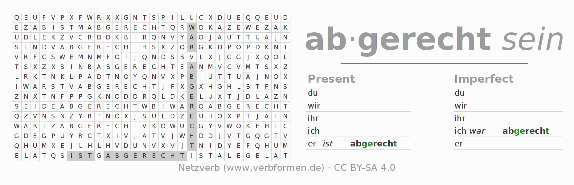 Word search puzzle for conjugation of German verb abrechen