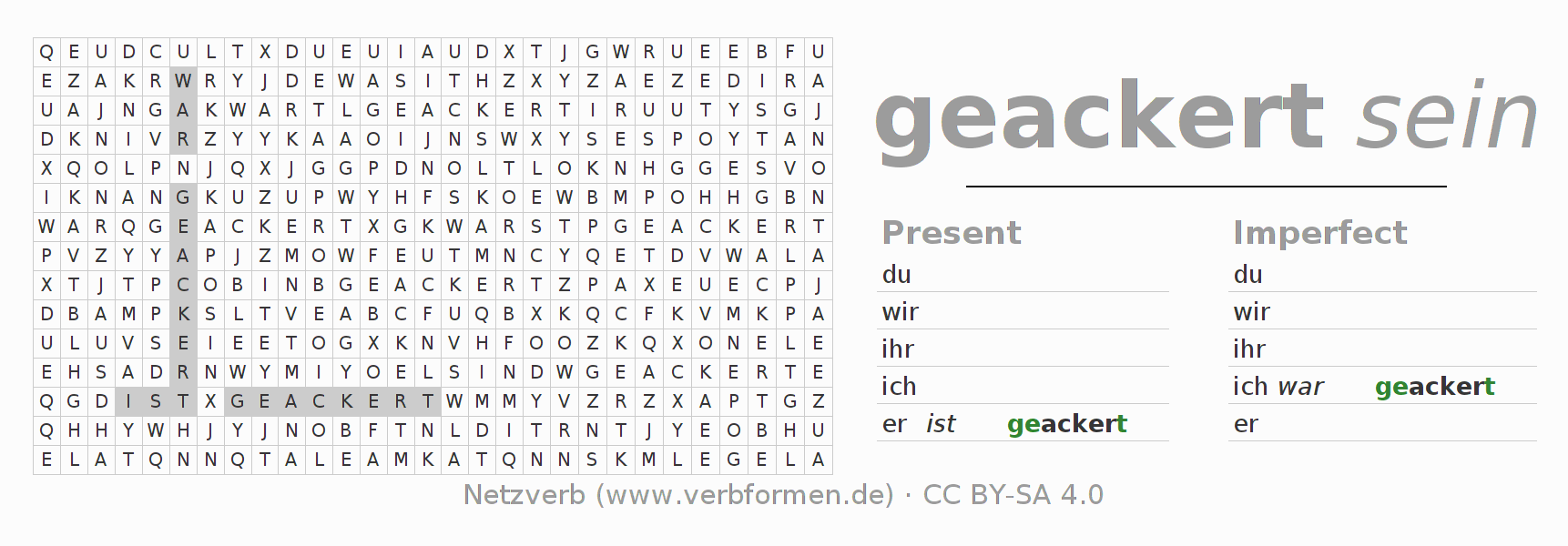 Word search puzzle for conjugation of German verb ackern
