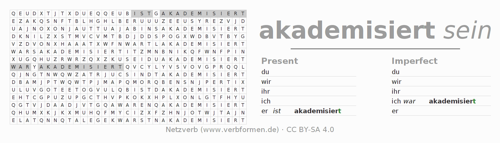 Word search puzzle for conjugation of German verb akademisieren