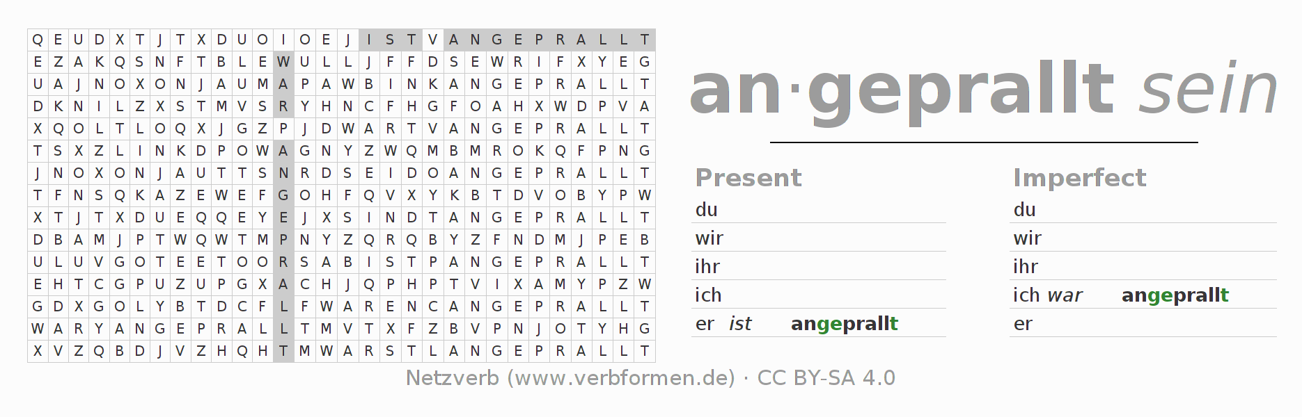 Word search puzzle for conjugation of German verb anprallen