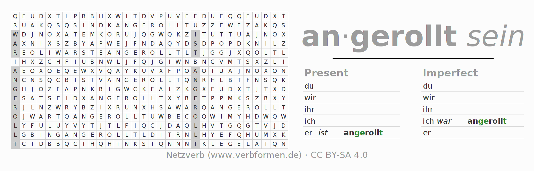 Word search puzzle for conjugation of German verb anrollen (ist)