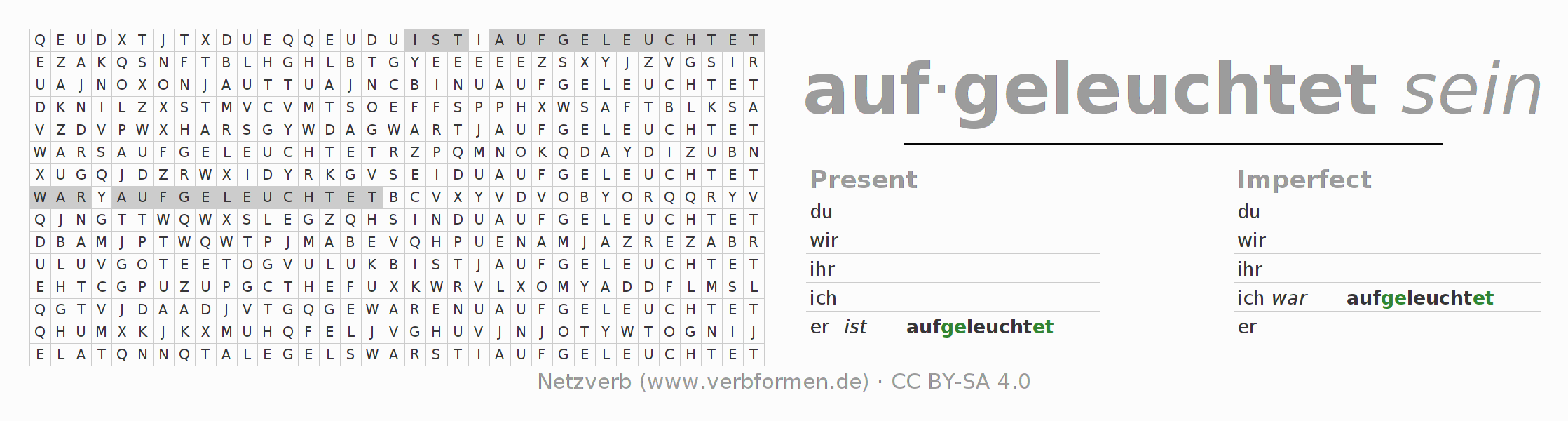 Word search puzzle for conjugation of German verb aufleuchten (hat)