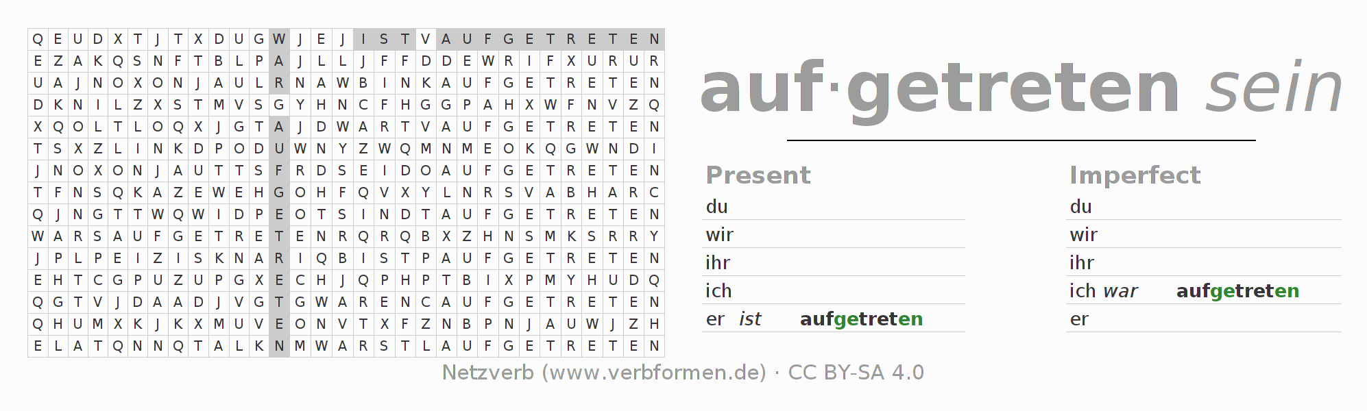 Word search puzzle for conjugation of German verb auftreten (hat)