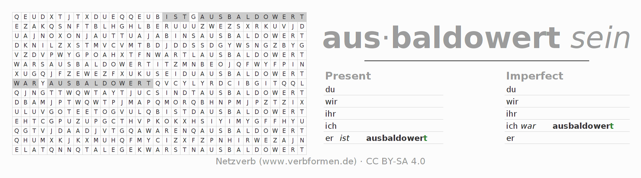 Word search puzzle for conjugation of German verb ausbaldowern
