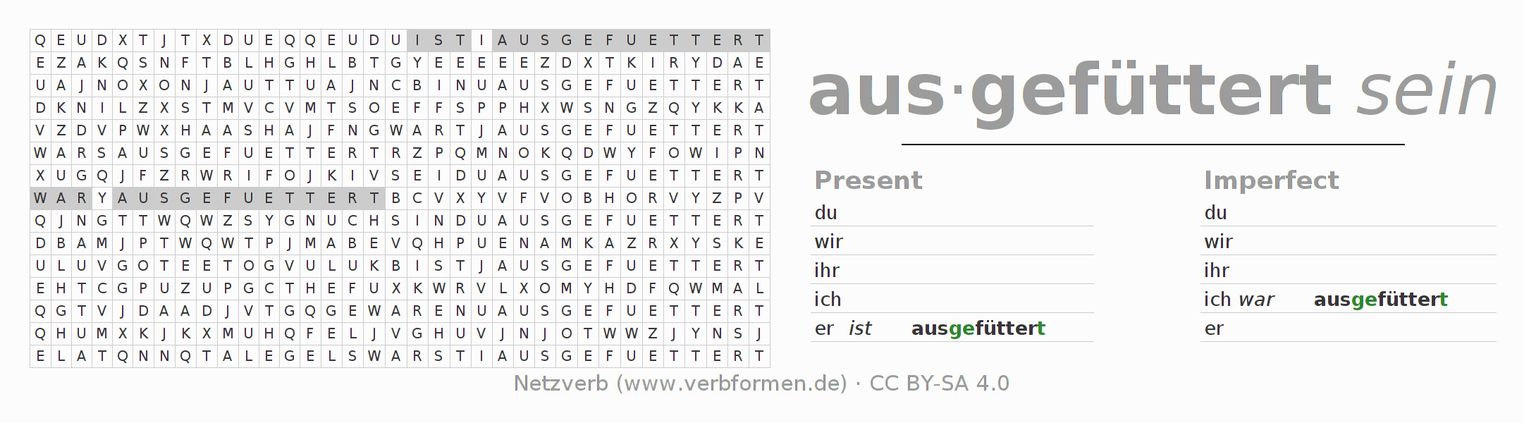 Word search puzzle for conjugation of German verb ausfüttern