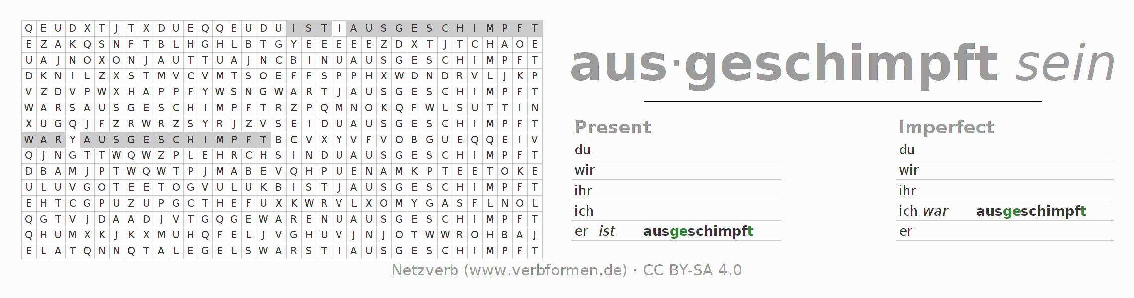 Word search puzzle for conjugation of German verb ausschimpfen