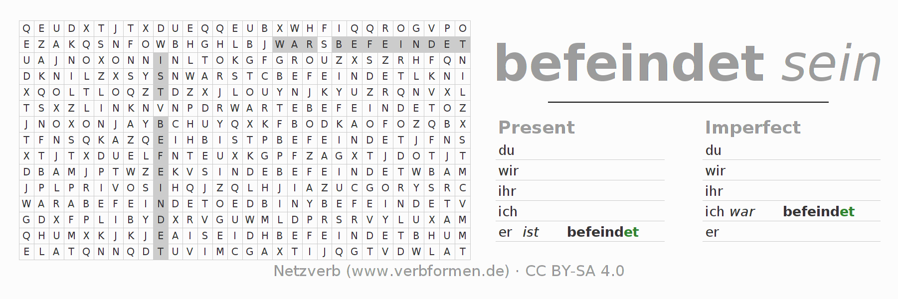 Word search puzzle for conjugation of German verb befeinden
