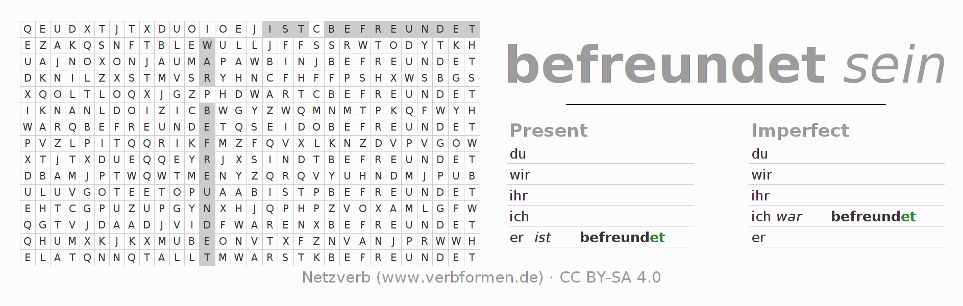 Word search puzzle for conjugation of German verb befreunden
