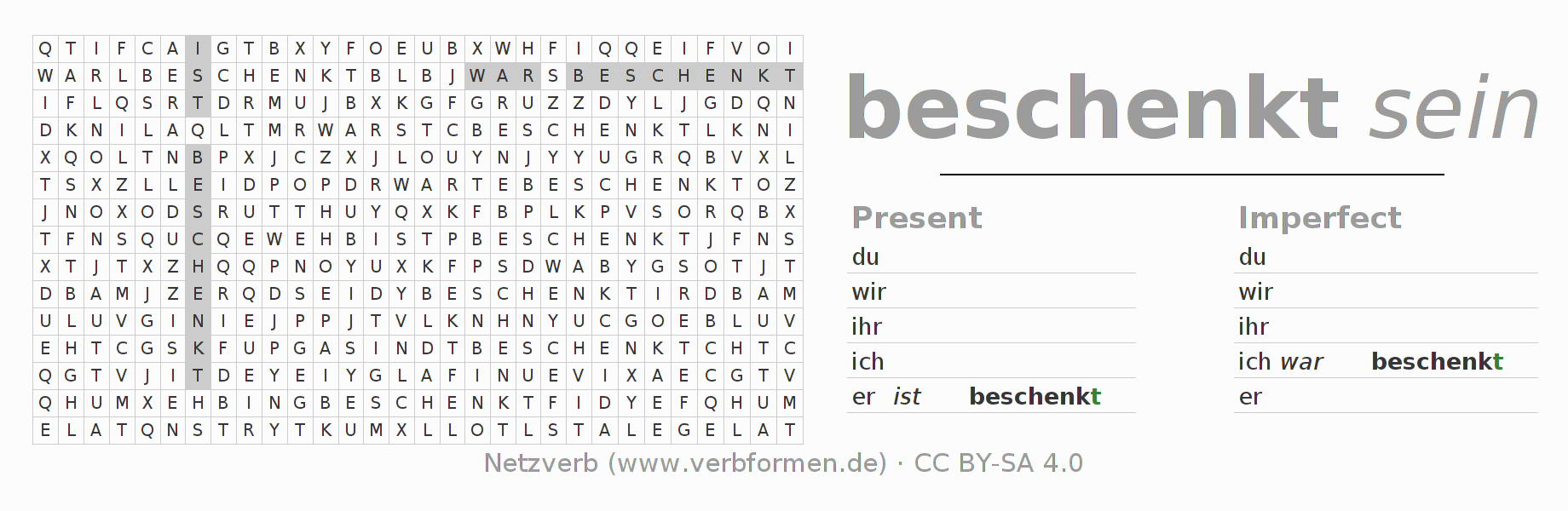 Word search puzzle for conjugation of German verb beschenken
