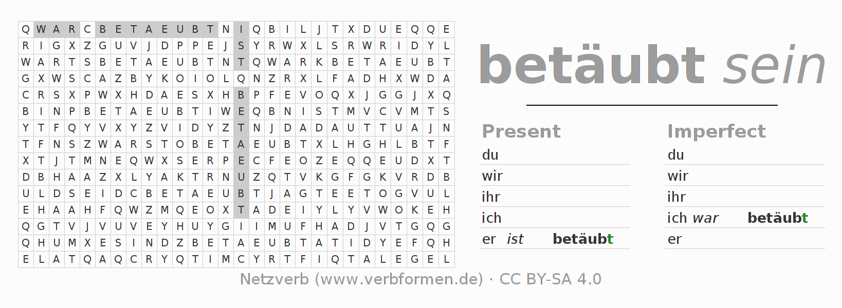 Word search puzzle for conjugation of German verb betäuben