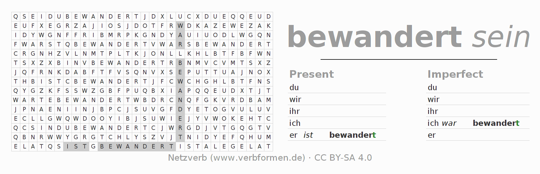 Word search puzzle for conjugation of German verb bewandern