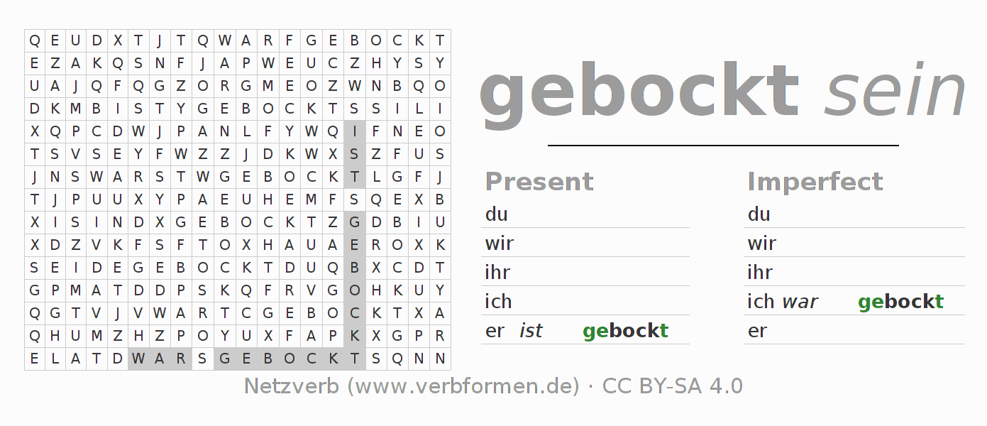 Word search puzzle for conjugation of German verb bocken