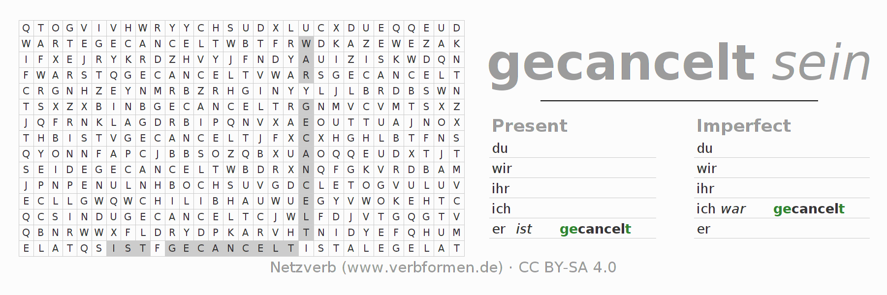 Word search puzzle for conjugation of German verb canceln