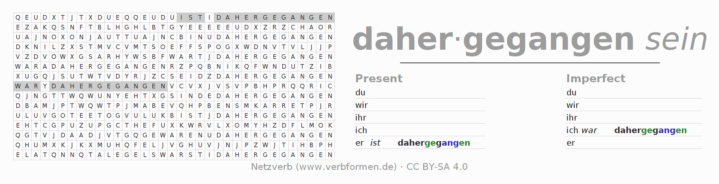 Word search puzzle for conjugation of German verb dahergehen