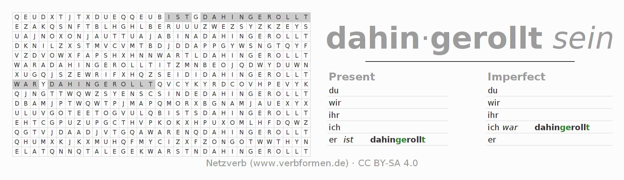 Word search puzzle for conjugation of German verb dahinrollen