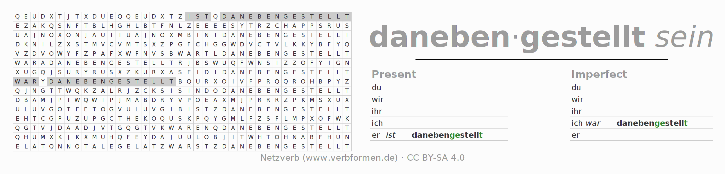Word search puzzle for conjugation of German verb danebenstellen