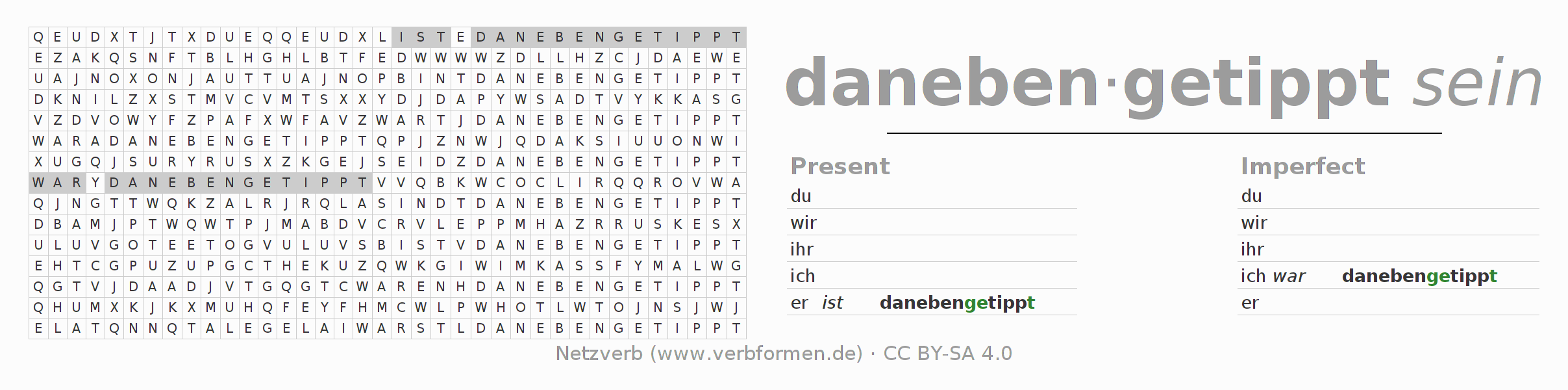 Word search puzzle for conjugation of German verb danebentippen