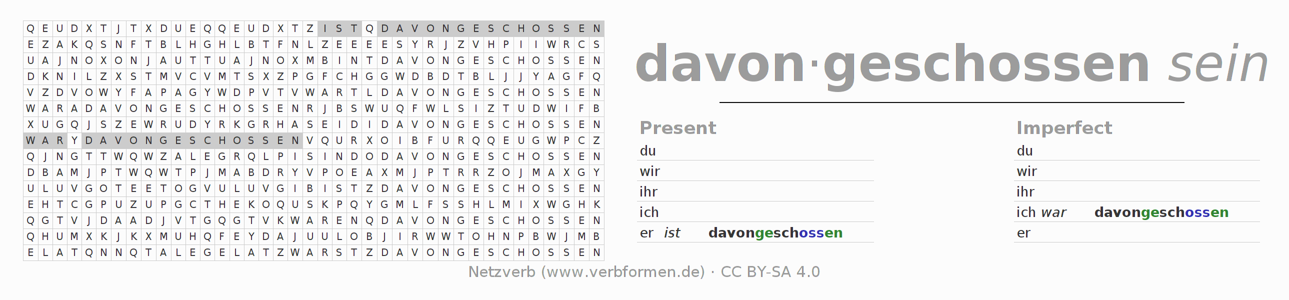 Word search puzzle for conjugation of German verb davonschießen
