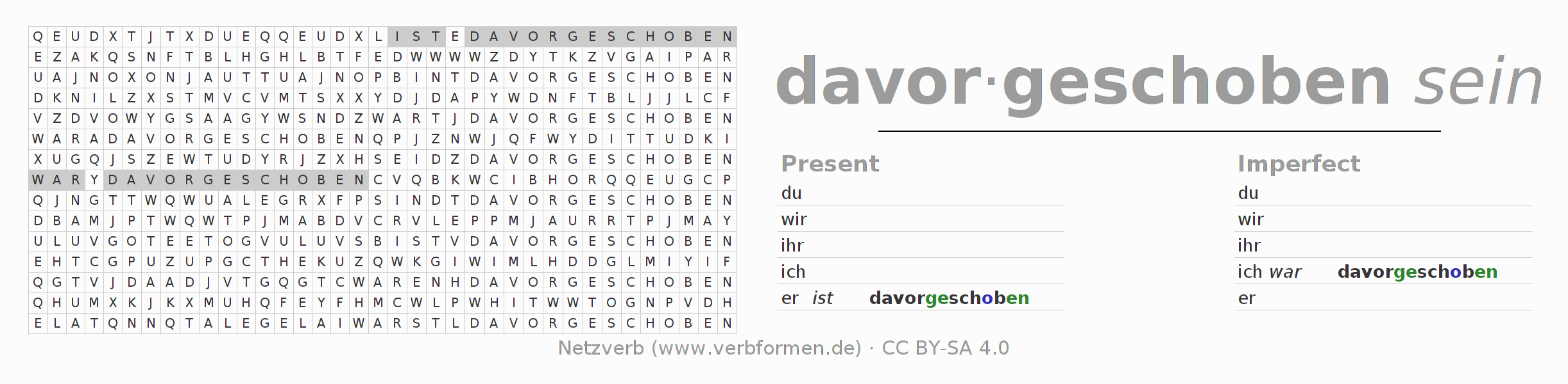 Word search puzzle for conjugation of German verb davorschieben
