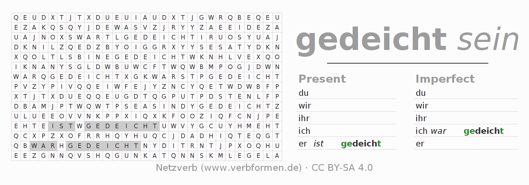 Word search puzzle for conjugation of German verb deichen