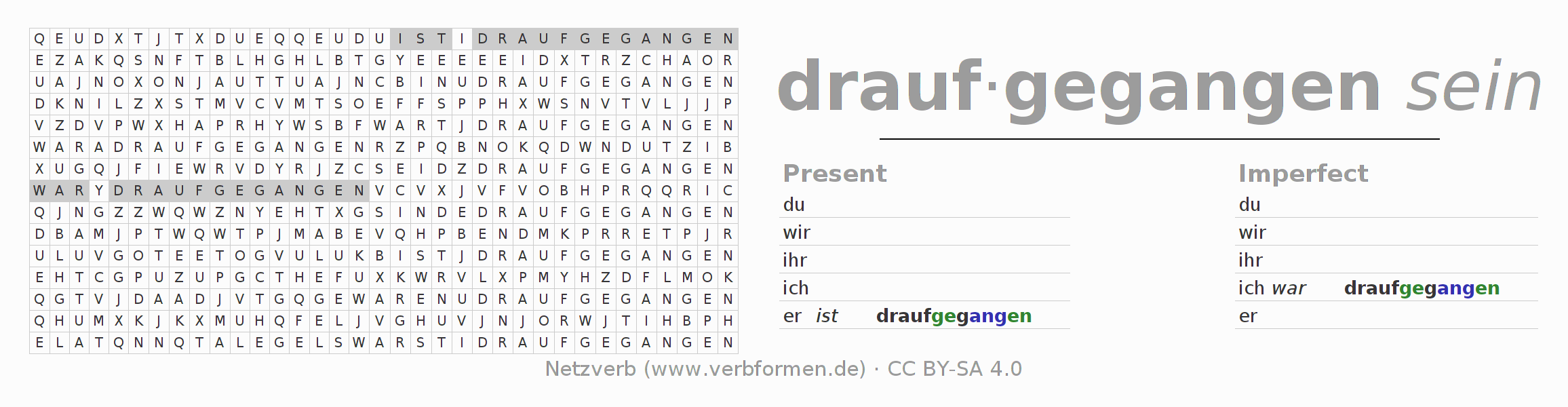 Word search puzzle for conjugation of German verb draufgehen