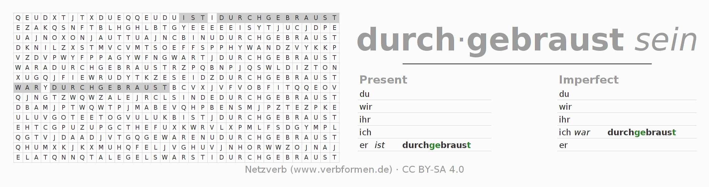 Word search puzzle for conjugation of German verb durch-brausen (ist)