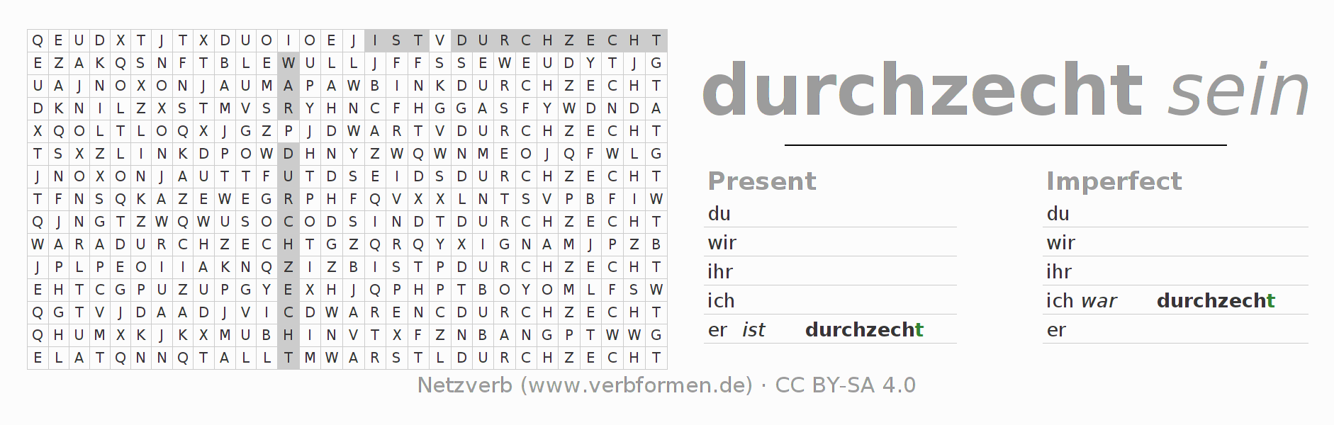Word search puzzle for conjugation of German verb durchzechen