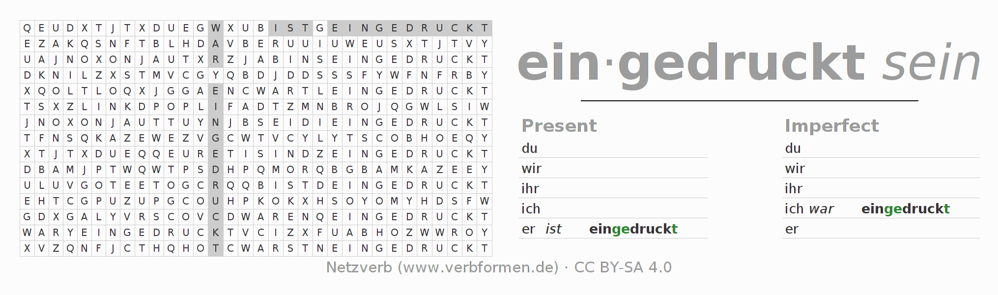 Word search puzzle for conjugation of German verb eindrucken