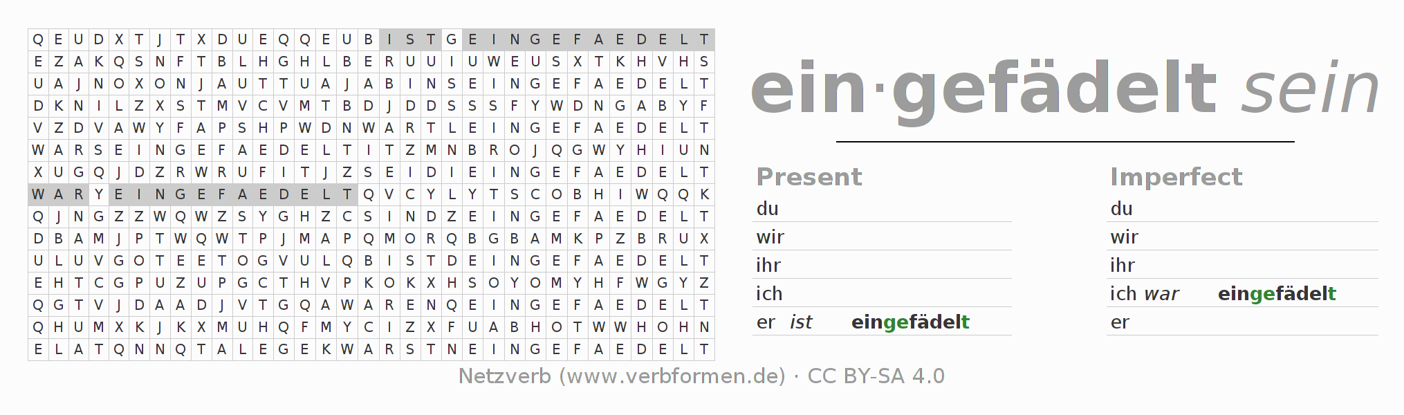Word search puzzle for conjugation of German verb einfädeln