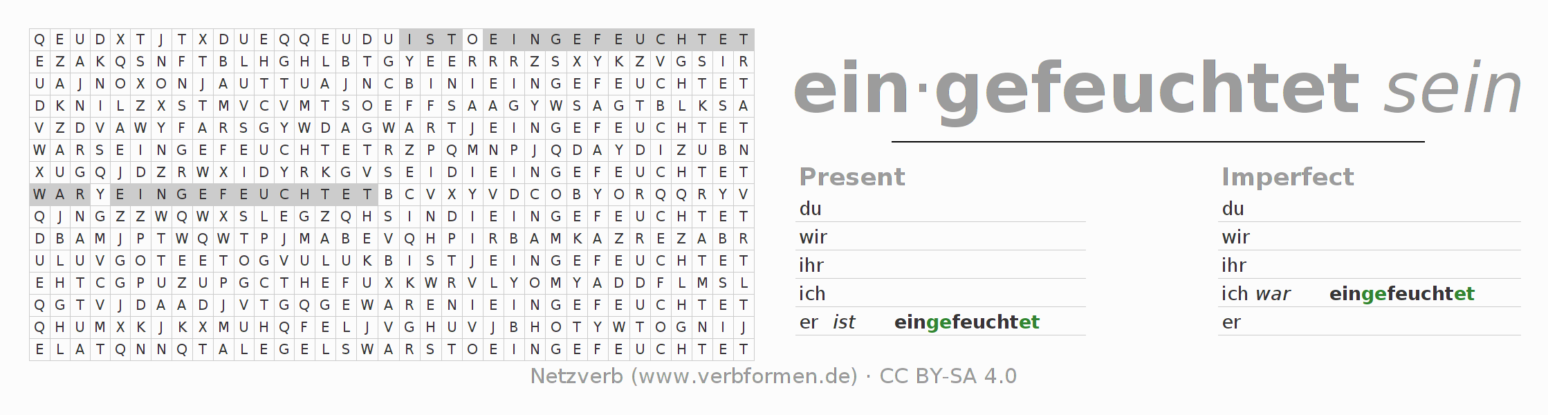 Word search puzzle for conjugation of German verb einfeuchten