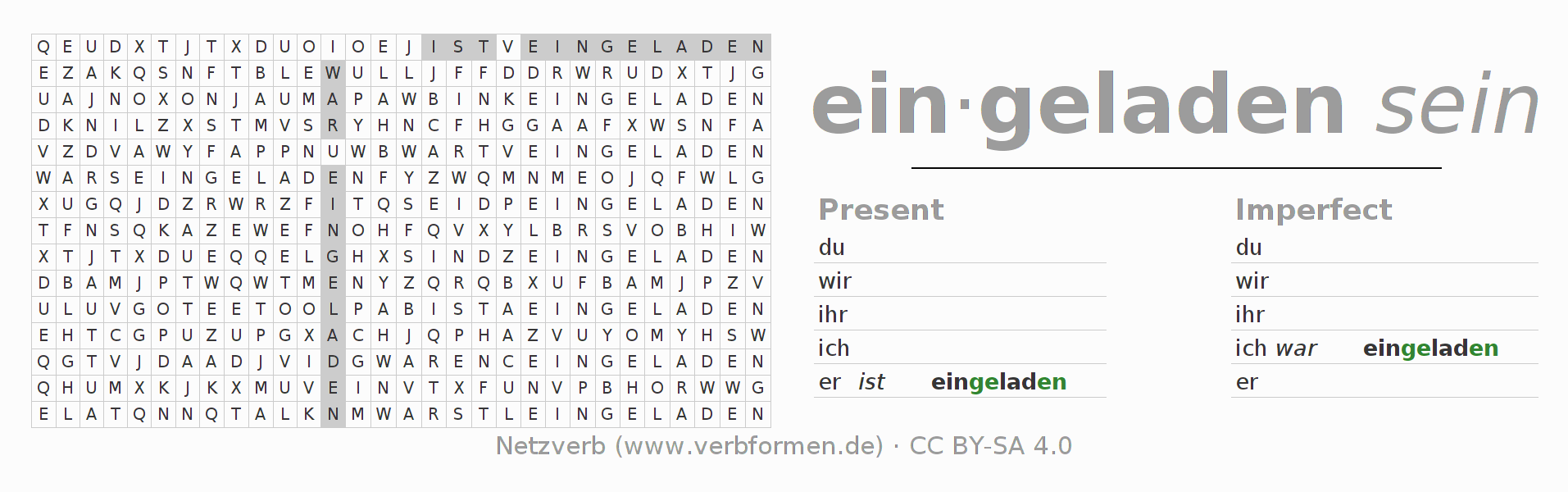 Word search puzzle for conjugation of German verb einladen