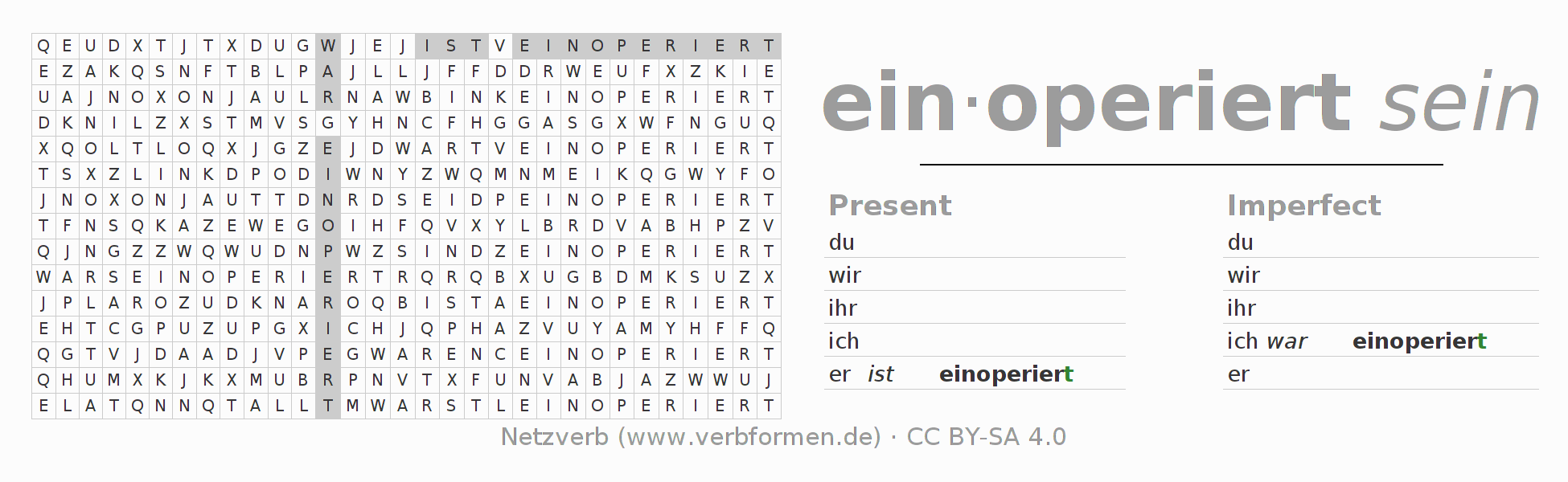 Word search puzzle for conjugation of German verb einoperieren