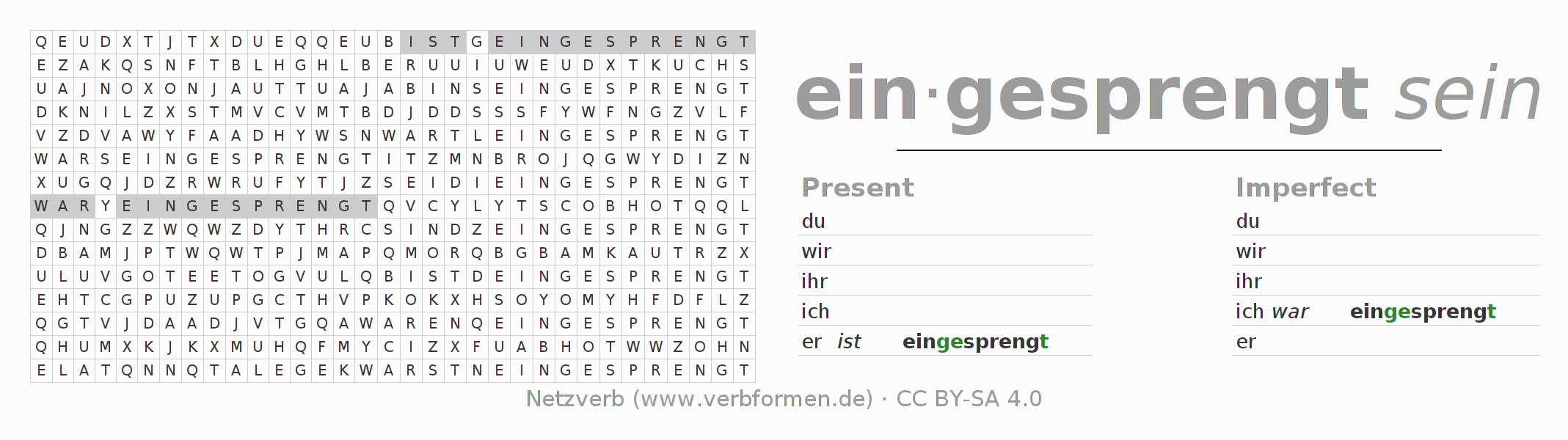 Word search puzzle for conjugation of German verb einsprengen
