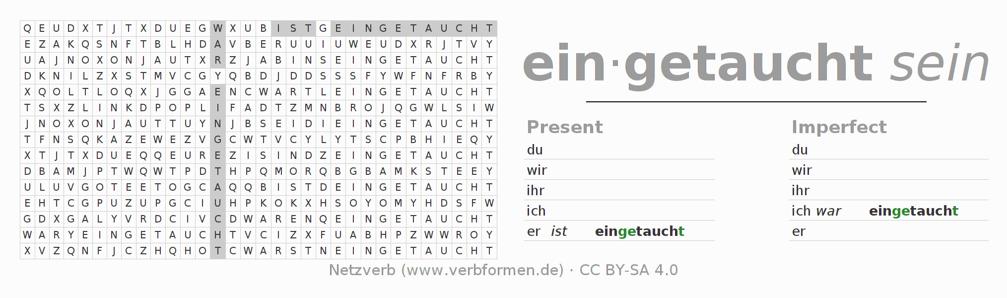 Word search puzzle for conjugation of German verb eintauchen (ist)