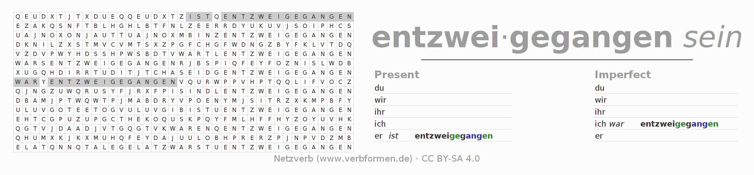 Word search puzzle for conjugation of German verb entzweigehen