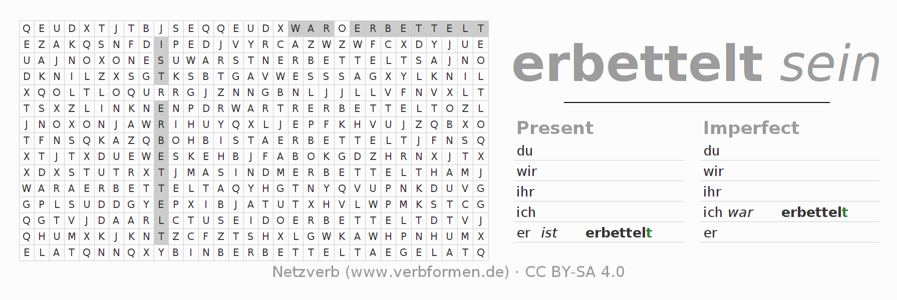 Word search puzzle for conjugation of German verb erbetteln
