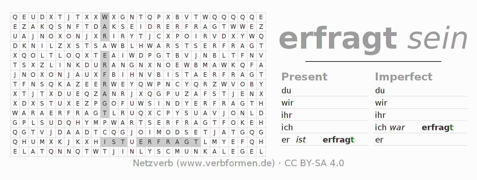 Word search puzzle for conjugation of German verb erfragen (unr)