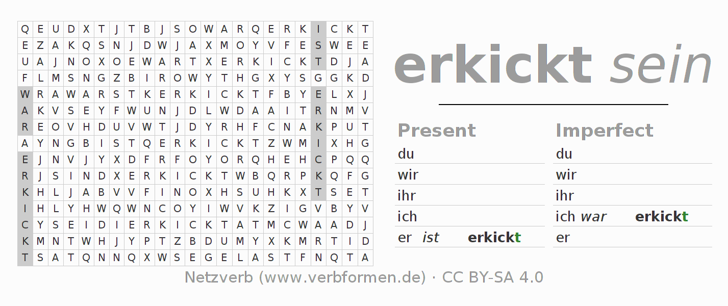 Word search puzzle for conjugation of German verb erkicken