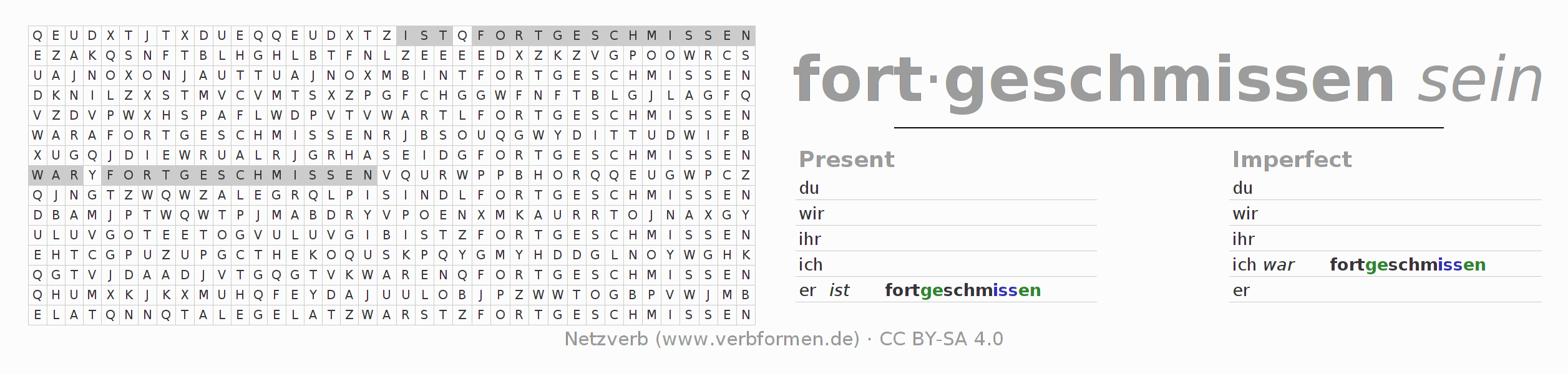 Word search puzzle for conjugation of German verb fortschmeißen