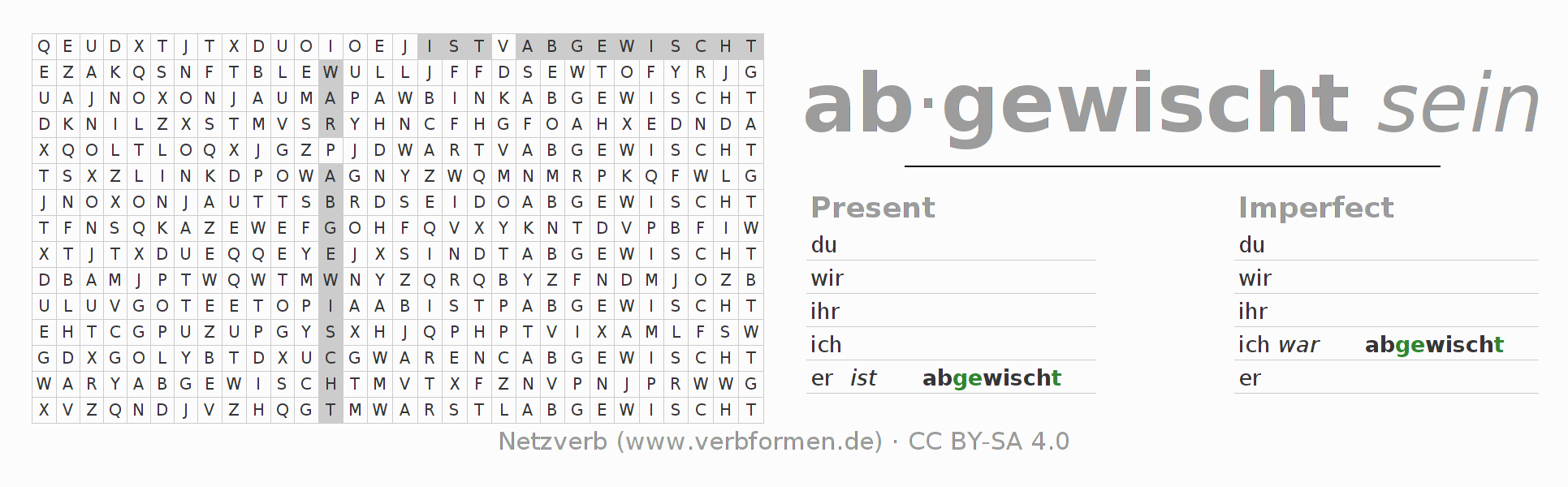 Word search puzzle for conjugation of German verb abwischen