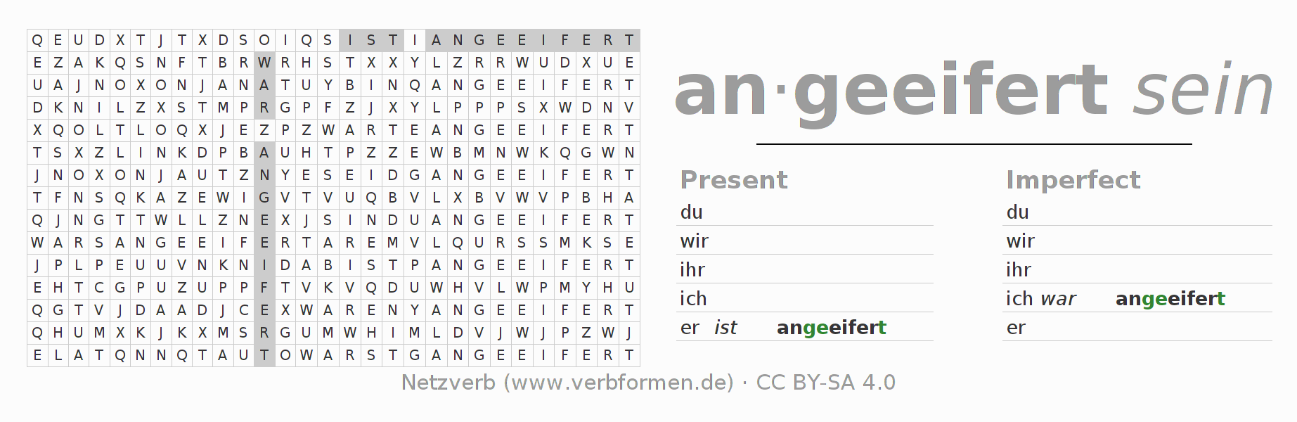 Word search puzzle for conjugation of German verb aneifern