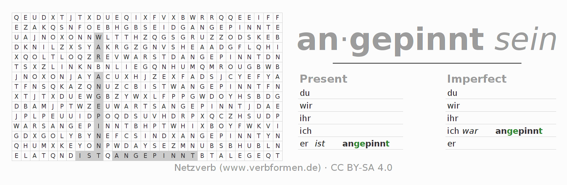 Word search puzzle for conjugation of German verb anpinnen