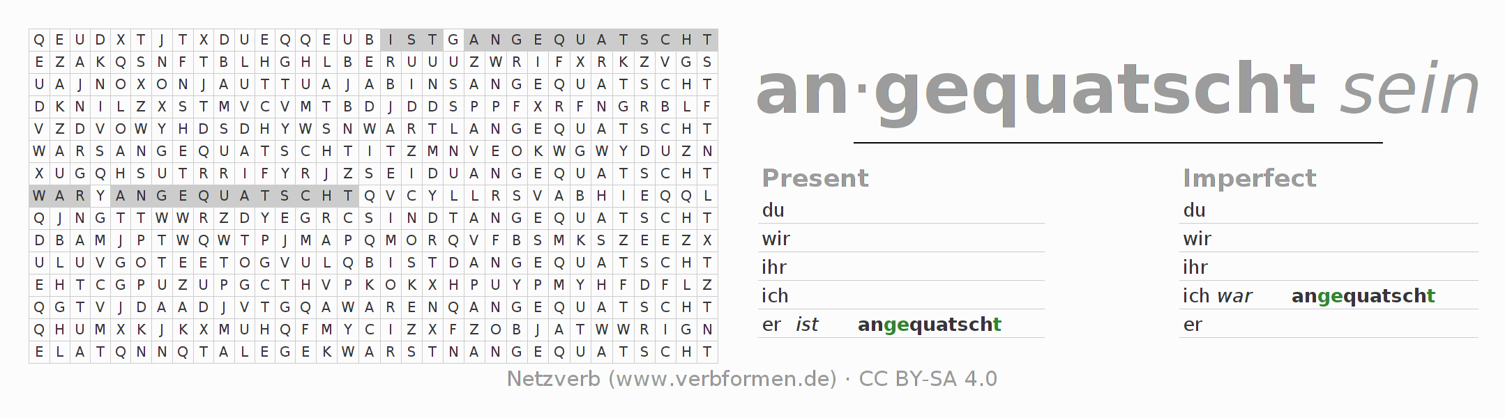 Word search puzzle for conjugation of German verb anquatschen