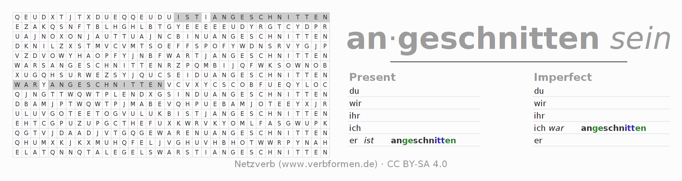 Word search puzzle for conjugation of German verb anschneiden