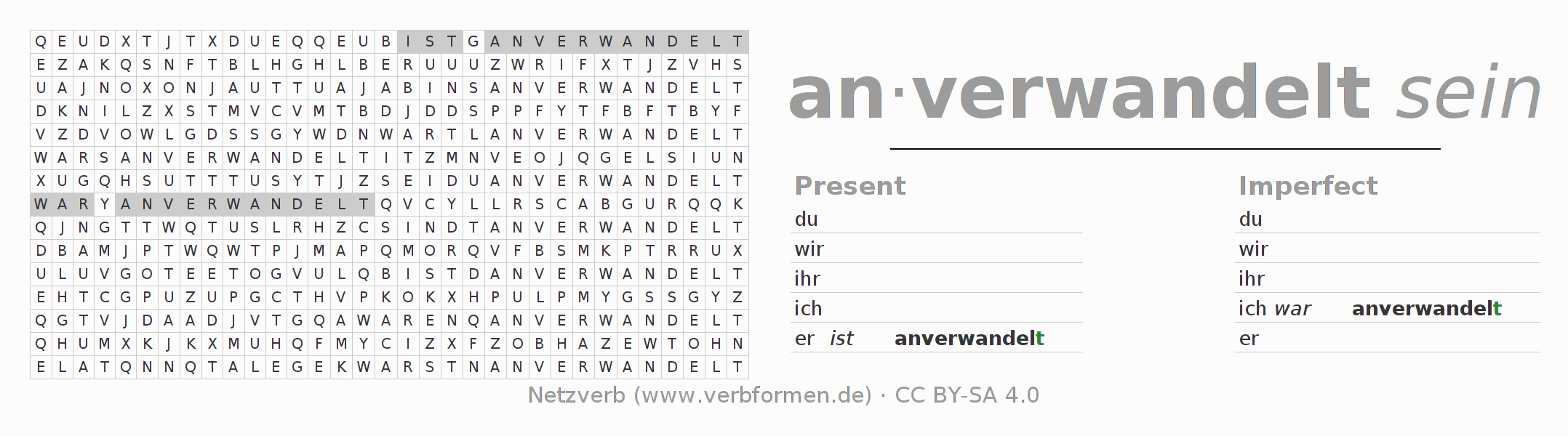 Word search puzzle for conjugation of German verb anverwandeln