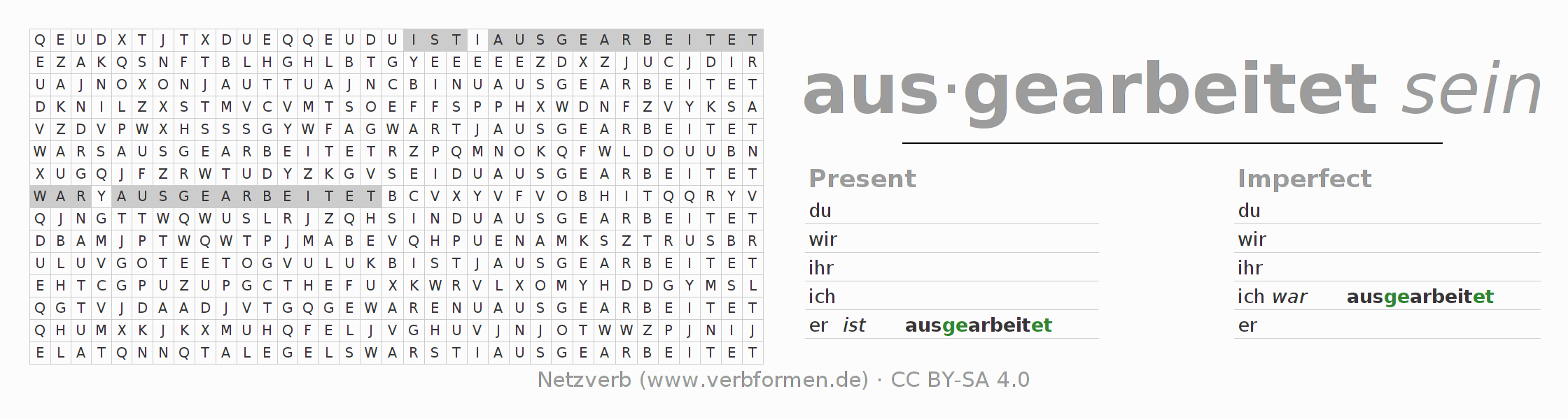 Word search puzzle for conjugation of German verb ausarbeiten
